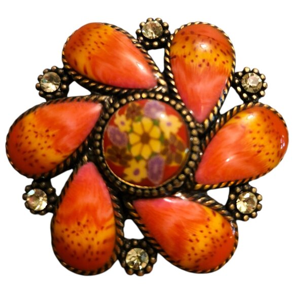 Vintage Floral Statement Brooch Red & Orange Enamel - Picture 6 of 8